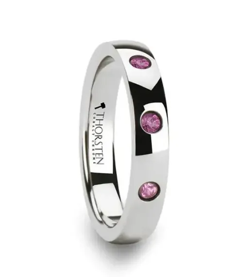 Domed White Wedding Band with 3 Pink Sapphires